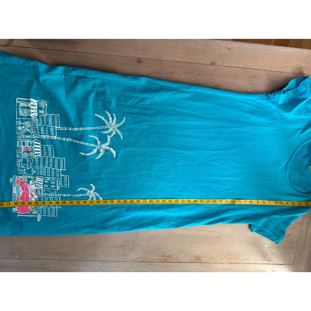 CITE Teal Blue Tropical City Palm Tree Graphic T Shirt maxi Dress Women's Large - Picture 5 of 7